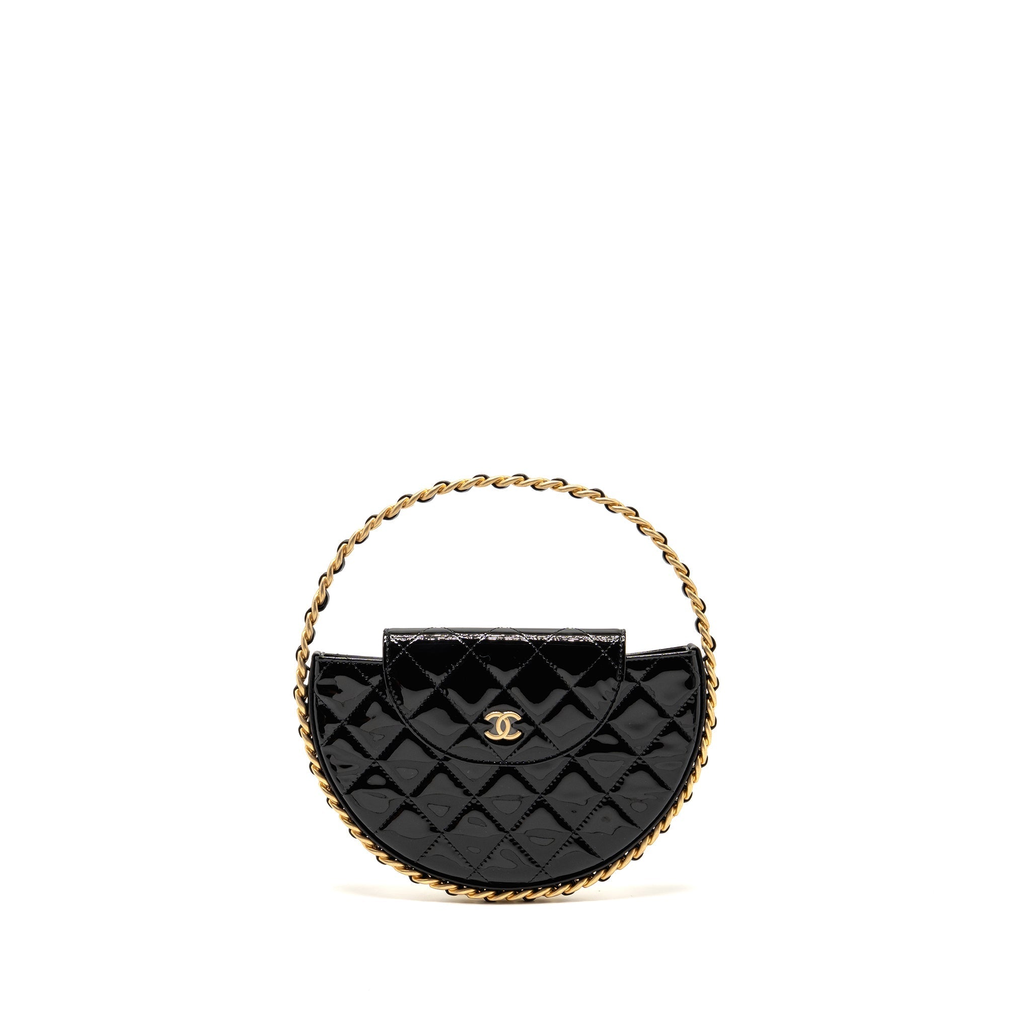 CHANEL 23K HOOP BAG PATENT LEATHER BLACK GHW (MICROCHIP)