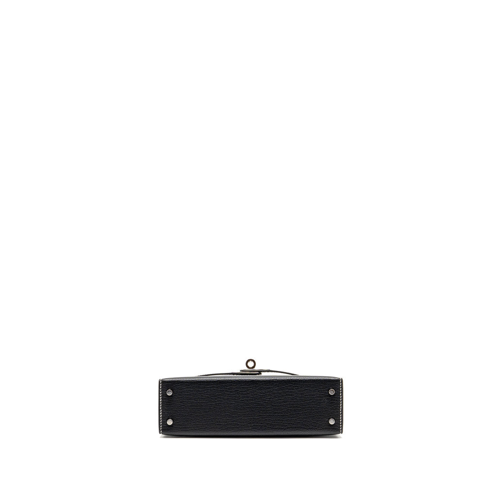 HERMES MINI KELLY II SPECIAL ORDER CHEVRE MYSORE BLACK / GRIS PERLE WHITE STITCHING SHW