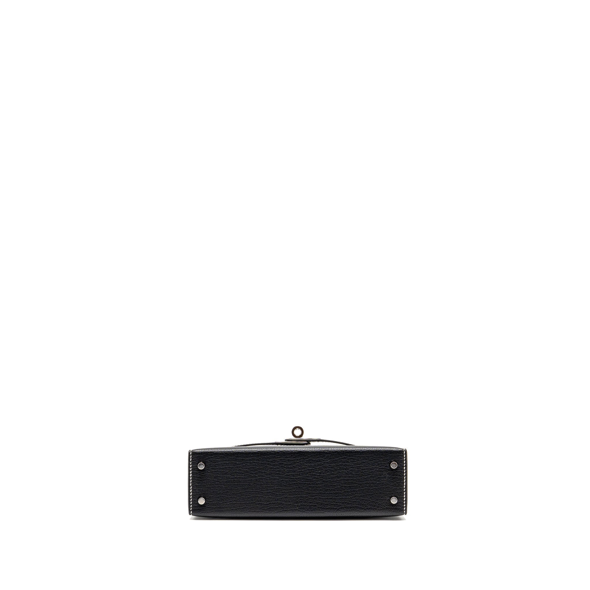 HERMES MINI KELLY II SPECIAL ORDER CHEVRE MYSORE BLACK / GRIS PERLE WHITE STITCHING SHW