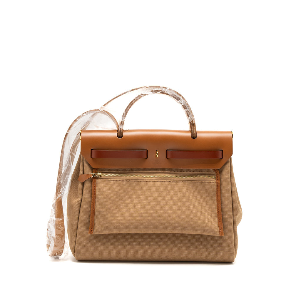 HERMES HERBAG 31 ZIP BAG CANVAS/VACHE HUNTER CHAI/ NATURAL SABLE/ FAUVE/ CUIVRE GHW