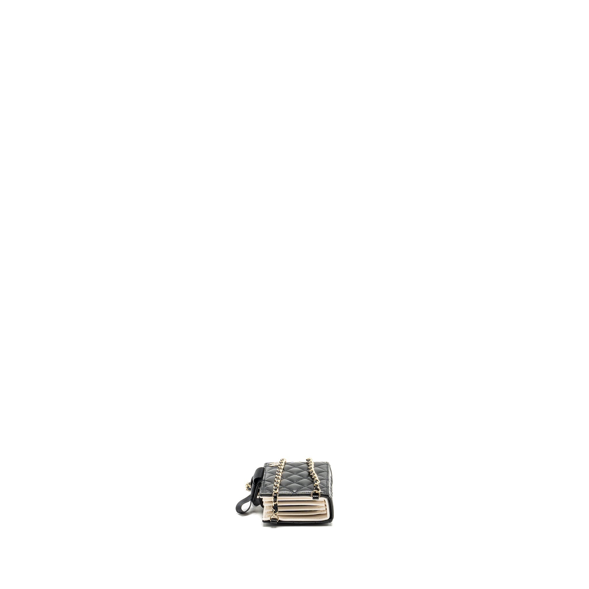 CHANEL MINI BOOK CARD HOLDER WITH CHAIN LAMBSKIN BLACK LGHW (MICROCHIP)