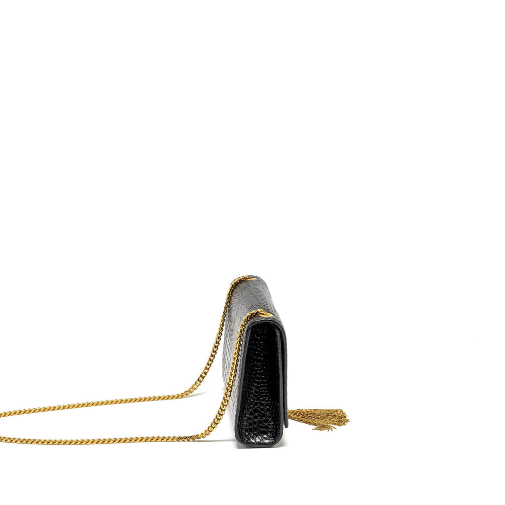 SAINT LAURENT/YSL KATE TASSEL BAG CROC-EMBOSSED CALFSKIN BLACK GHW