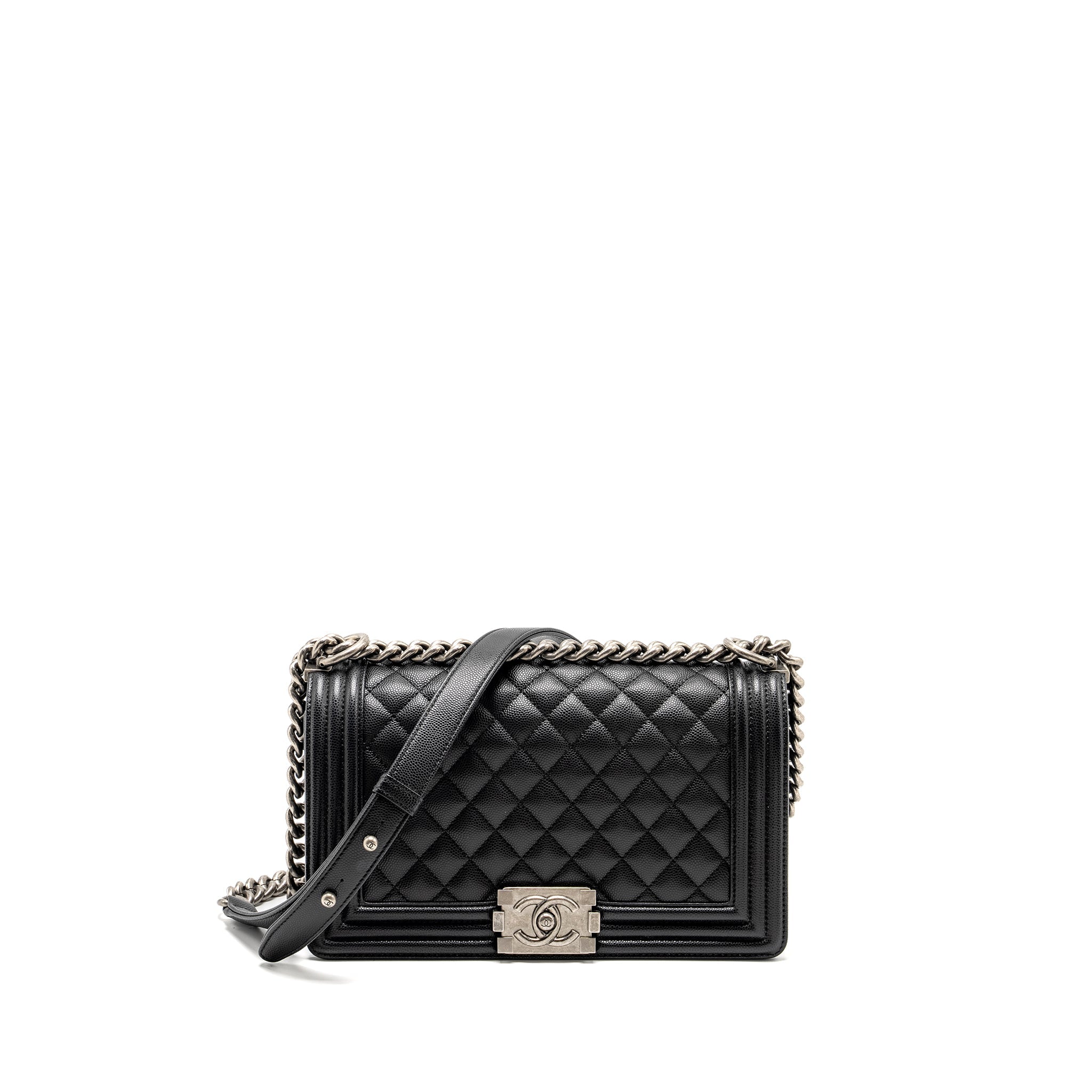 CHANEL MEDIUM BOY BAG CAVIAR BLACK RUTHENIUM SILVER HARDWARE (MICROCHIP)