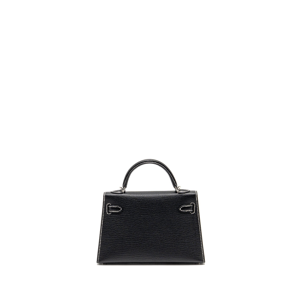 HERMES MINI KELLY II SPECIAL ORDER CHEVRE MYSORE BLACK / GRIS PERLE WHITE STITCHING SHW