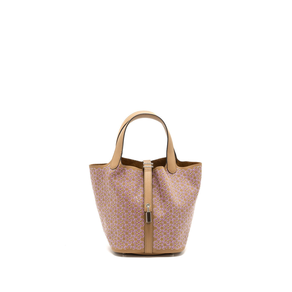 HERMES PICOTIN 18 LUCKY DAISY LOCK BAG SWIFT CHAI-ROSE-BLANC / ROSE SHW