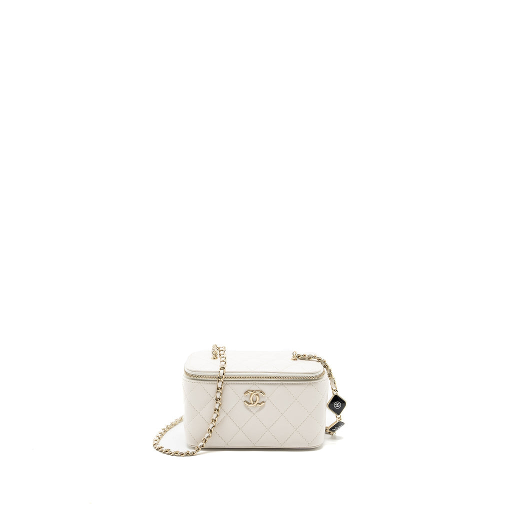 CHANEL LETTER/CC LOGO CHAIN LONG VANITY CALFSKIN WHITE LGHW (MICROCHIP)