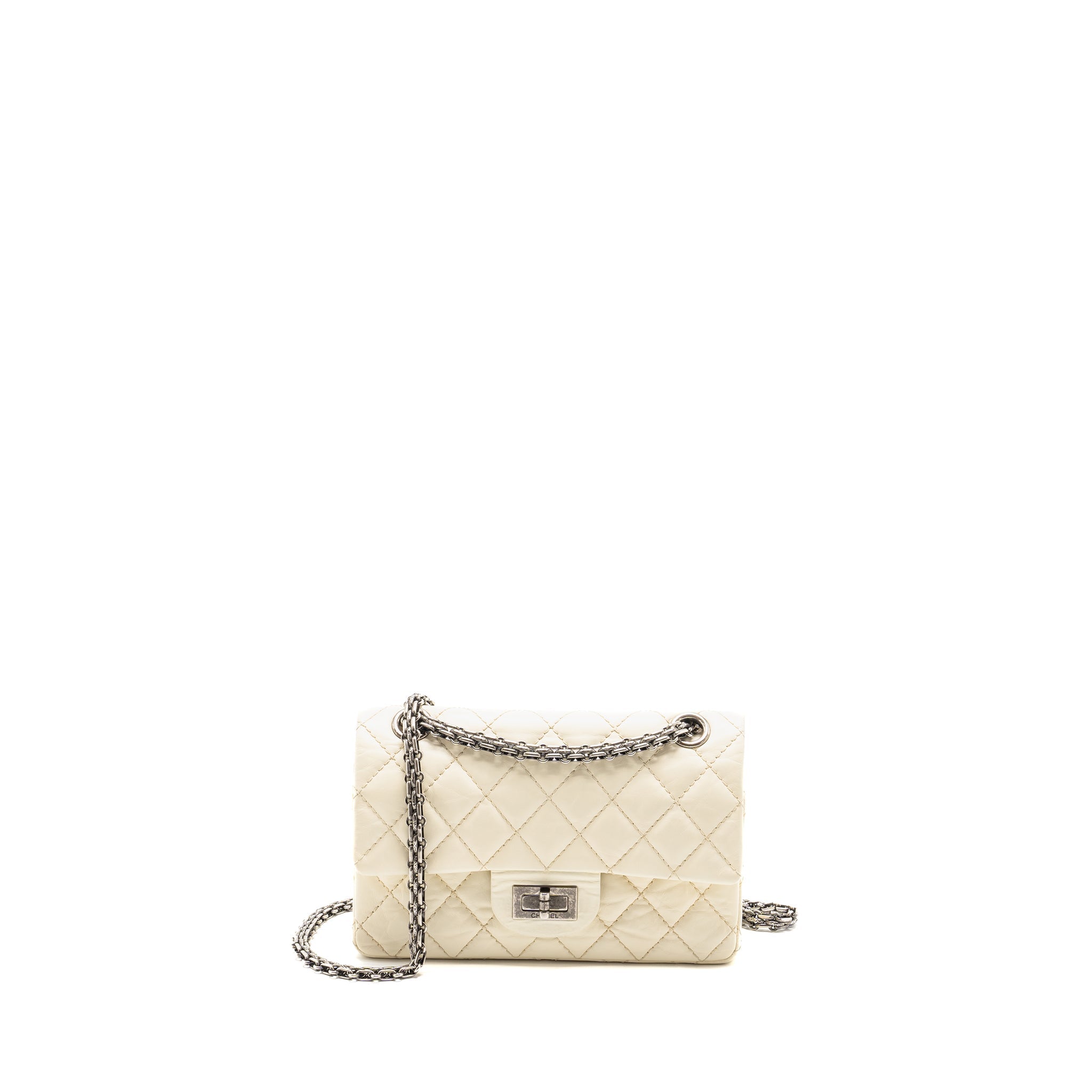 CHANEL MINI 2.55 REISSUE FLAP BAG AGED CALFSKIN CREAMY WHITE WITH RUTHENIUM HARDWARE
