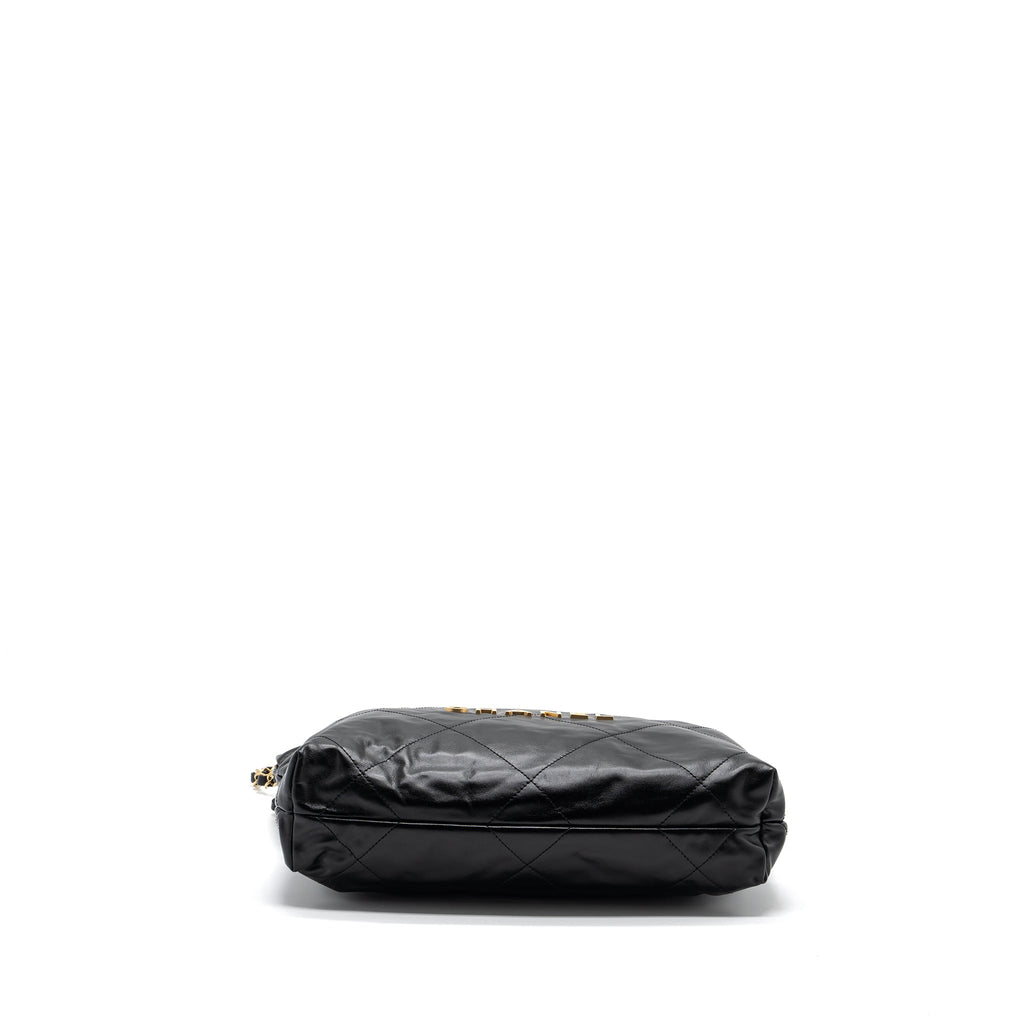 CHANEL SMALL 22 BAG GOLD LETTER SHINY  CALFSKIN BLACK BRUSHED GHW (MICROCHIP)