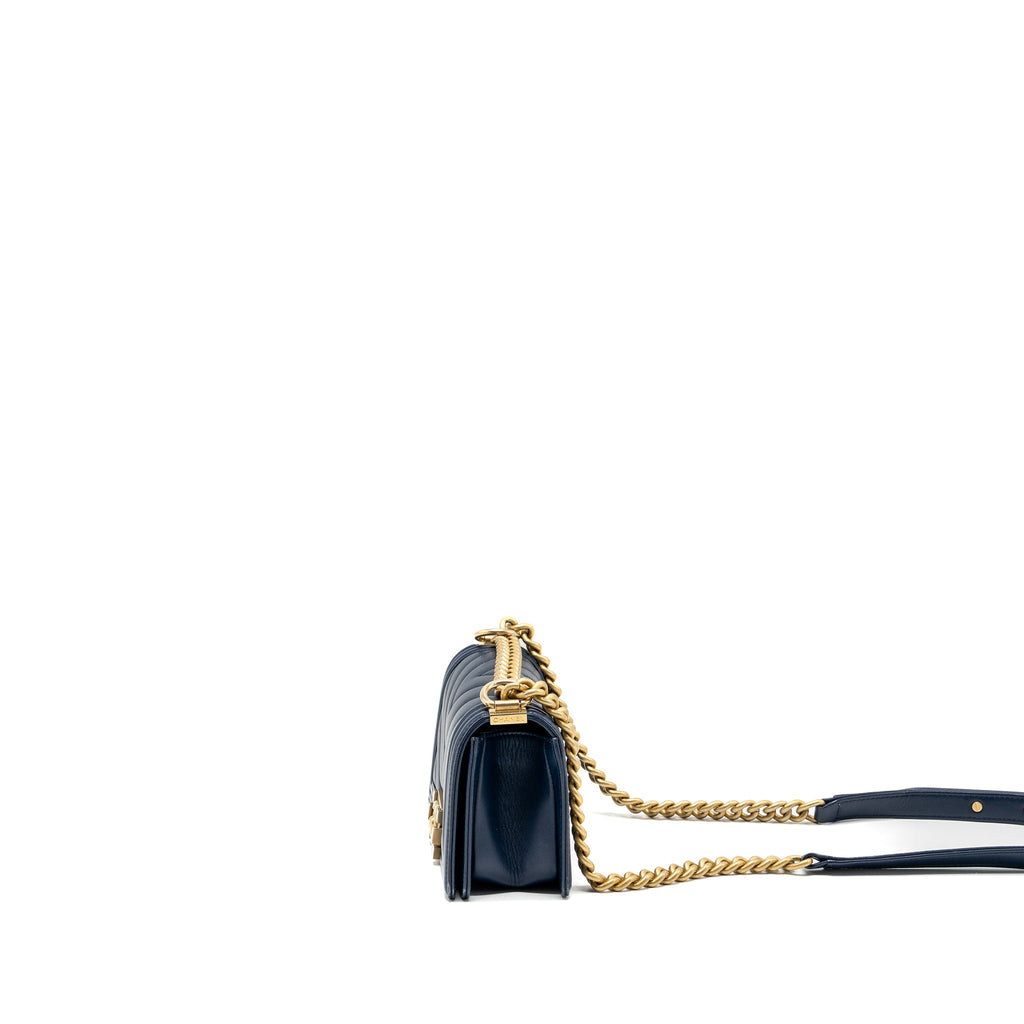 CHANEL SMALL CHEVRON BOY BAG LAMBSKIN NAVY GHW