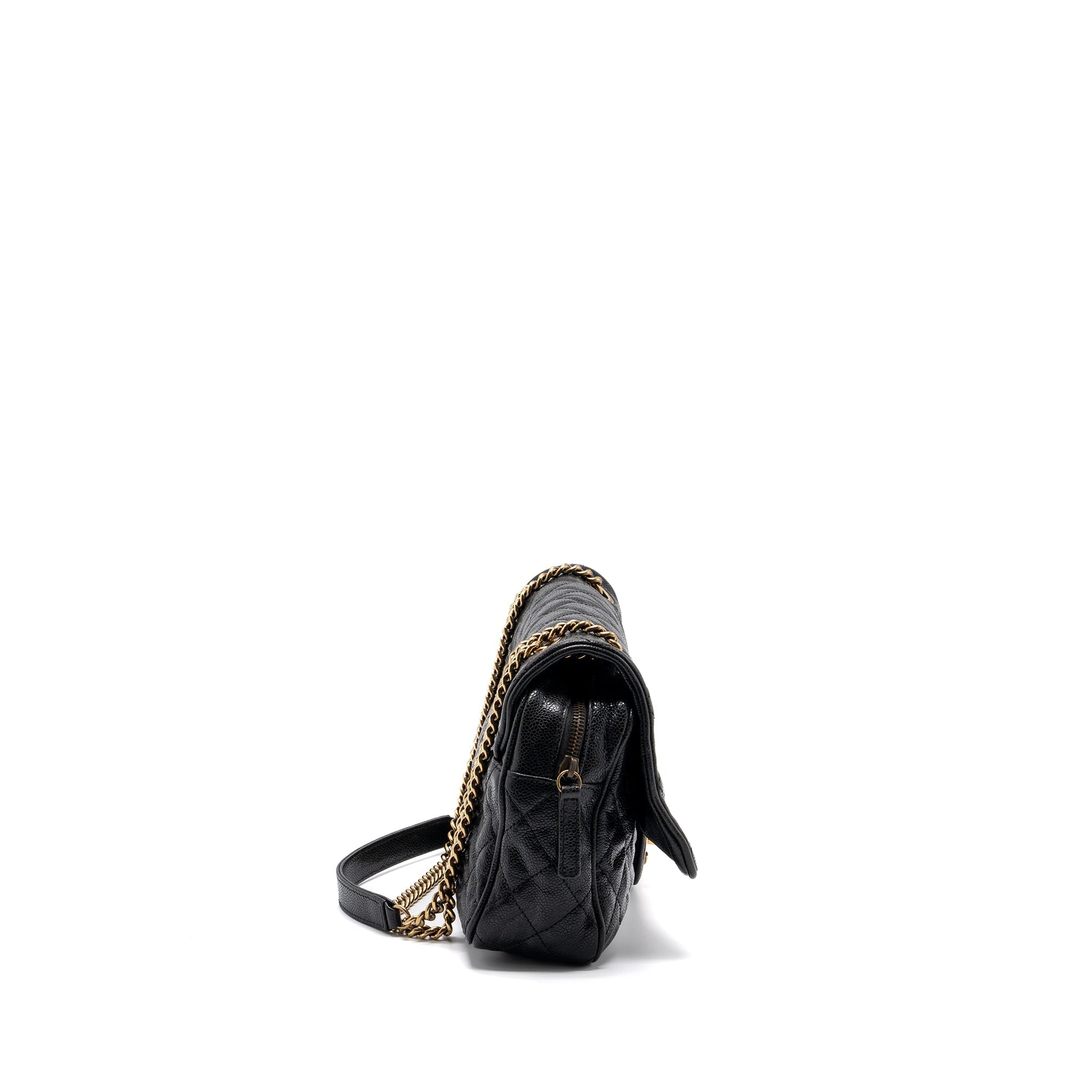 CHANEL LARGE FLAP BAG GRAINED CALFSKIN BLACK BRUSHED GHW