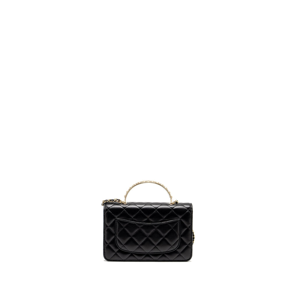 CHANEL PEARL DETAILED TOP HANDEL WALLET ON CHAIN LAMBSKIN BLACK LGHW (MICROCHIP)