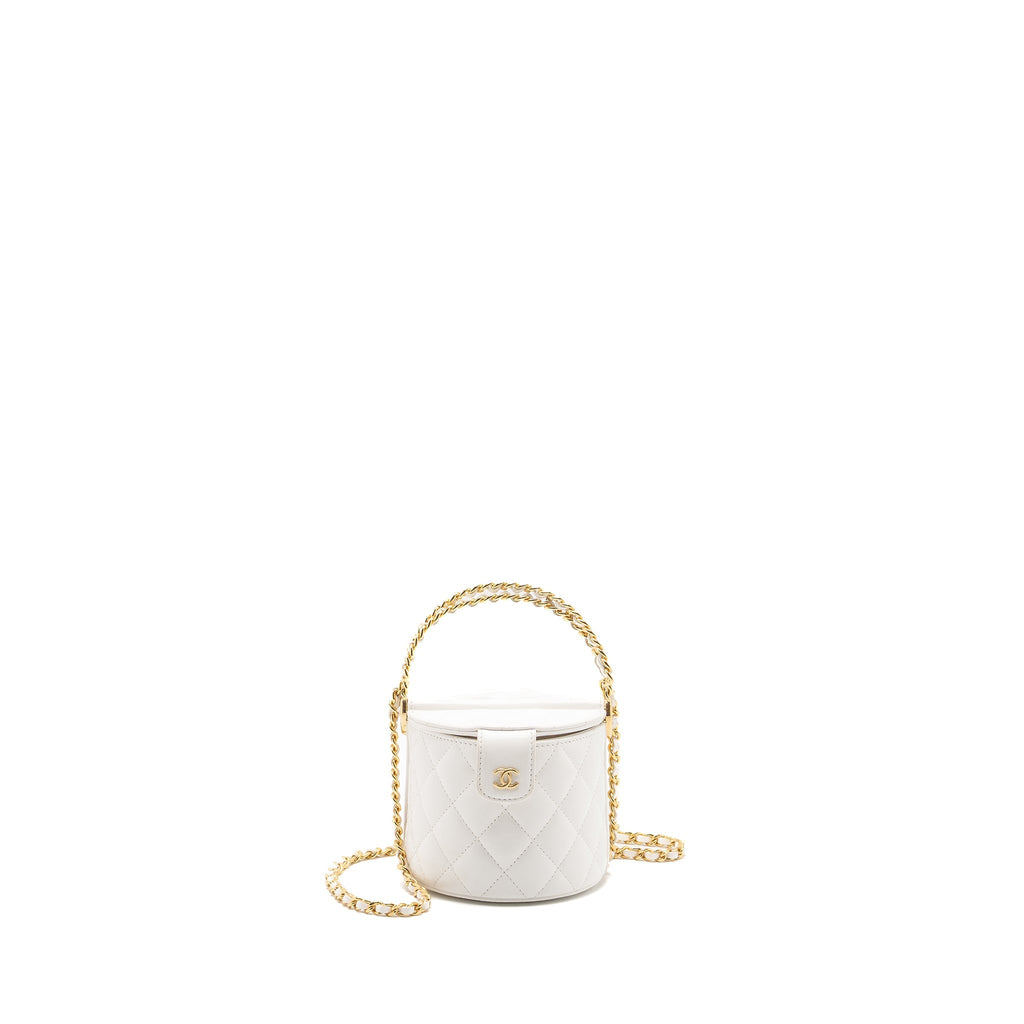 CHANEL TOP HANDLE ROUND VANITY WITH CHAIN LAMBSKIN WHITE GHW (MICROCHIP)