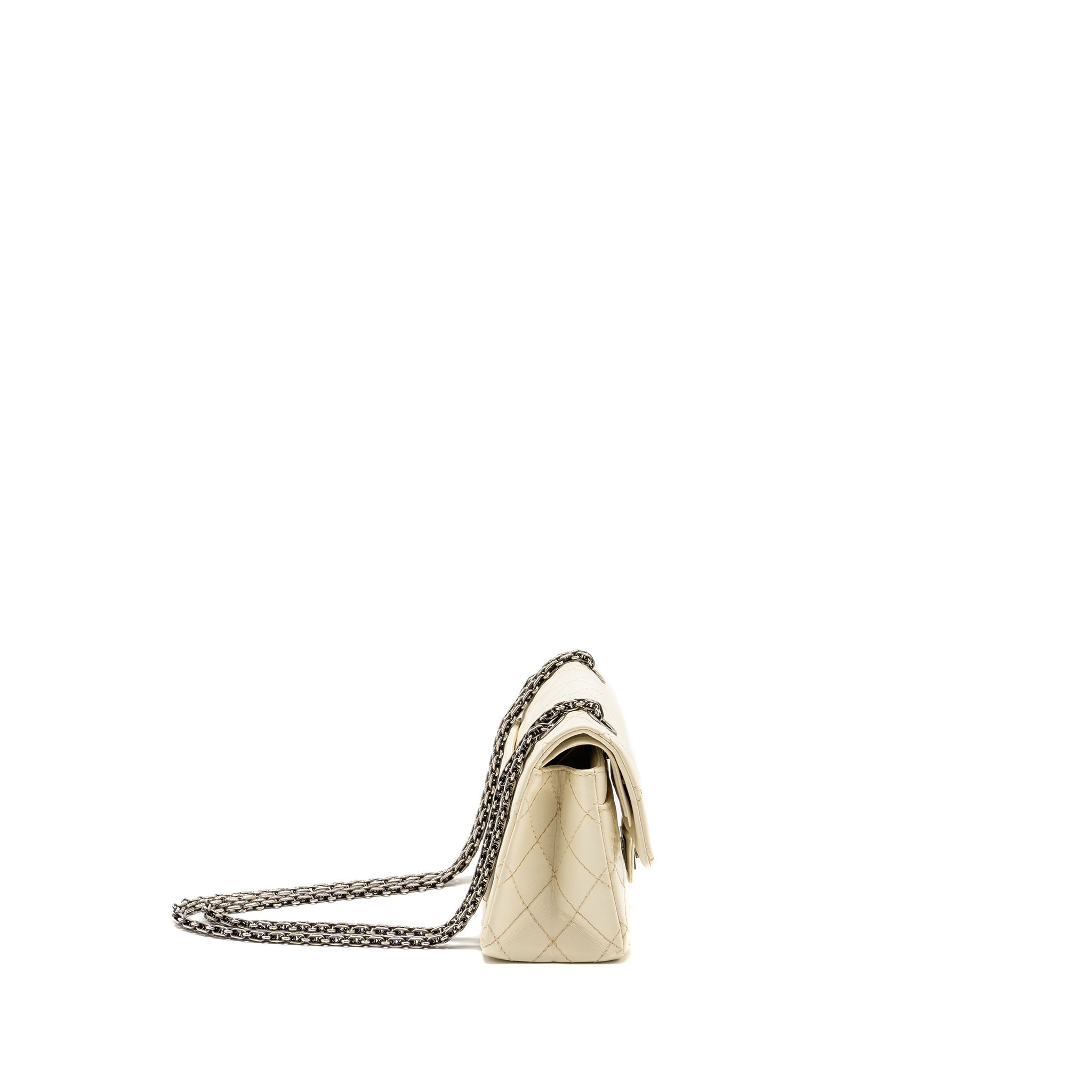 CHANEL MINI 2.55 REISSUE FLAP BAG AGED CALFSKIN CREAMY WHITE WITH RUTHENIUM HARDWARE