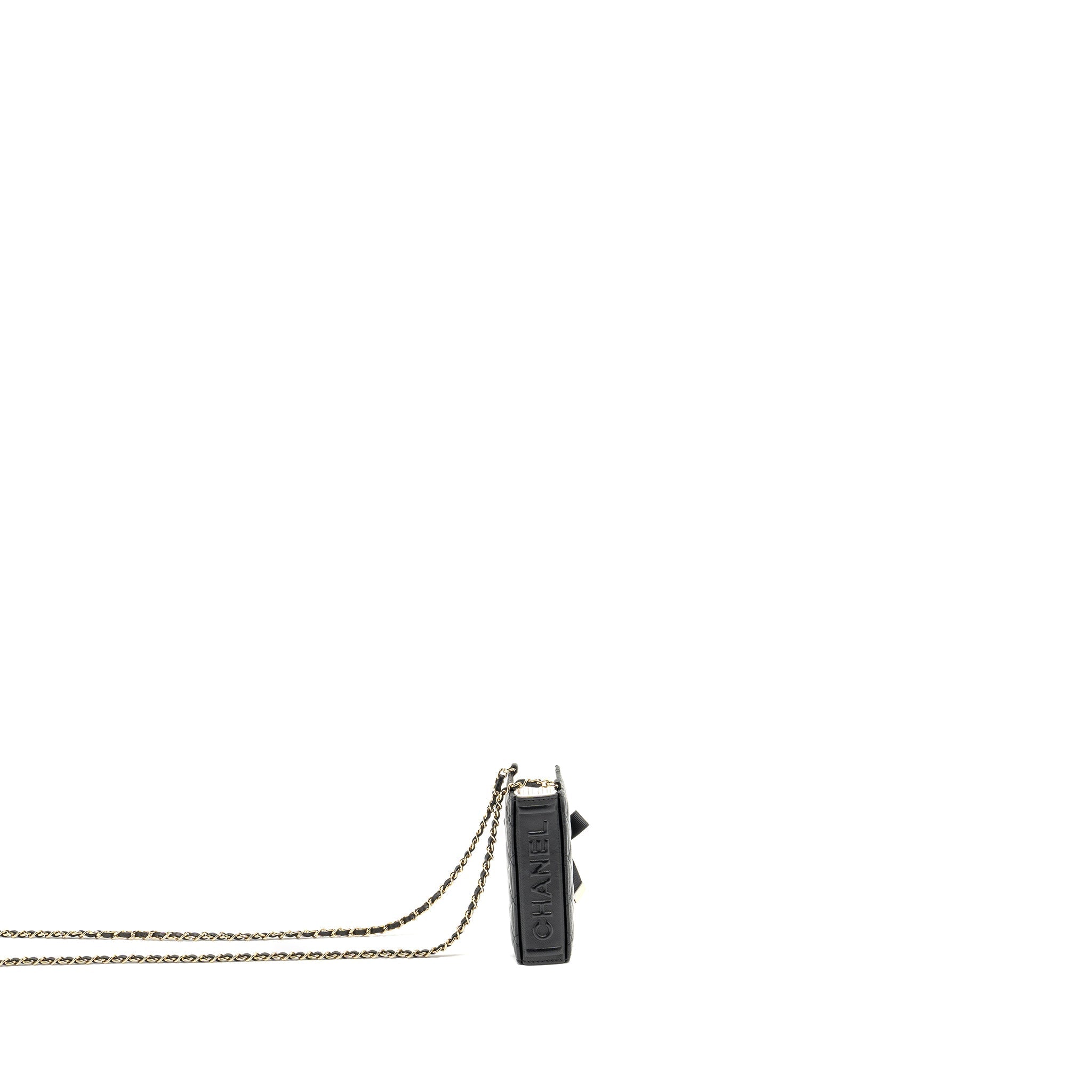 CHANEL MINI BOOK CARD HOLDER WITH CHAIN LAMBSKIN BLACK LGHW (MICROCHIP)