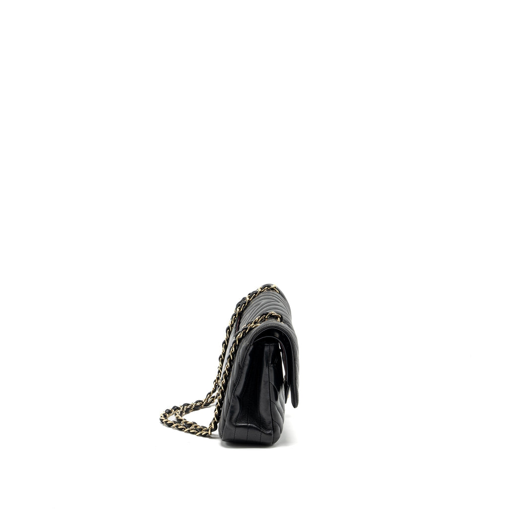 CHANEL MEDIUM CLASSIC DOUBLE FLAP BAG CHEVRON LAMBSKIN BLACK LGHW