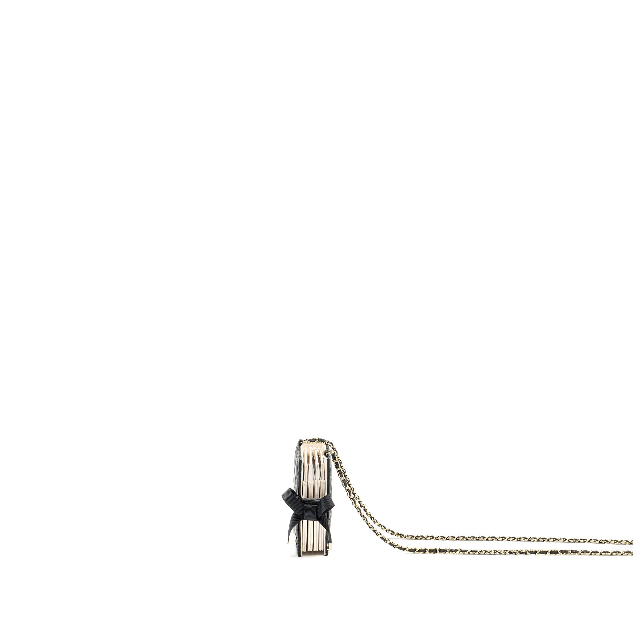 CHANEL MINI BOOK CARD HOLDER WITH CHAIN LAMBSKIN BLACK LGHW (MICROCHIP)