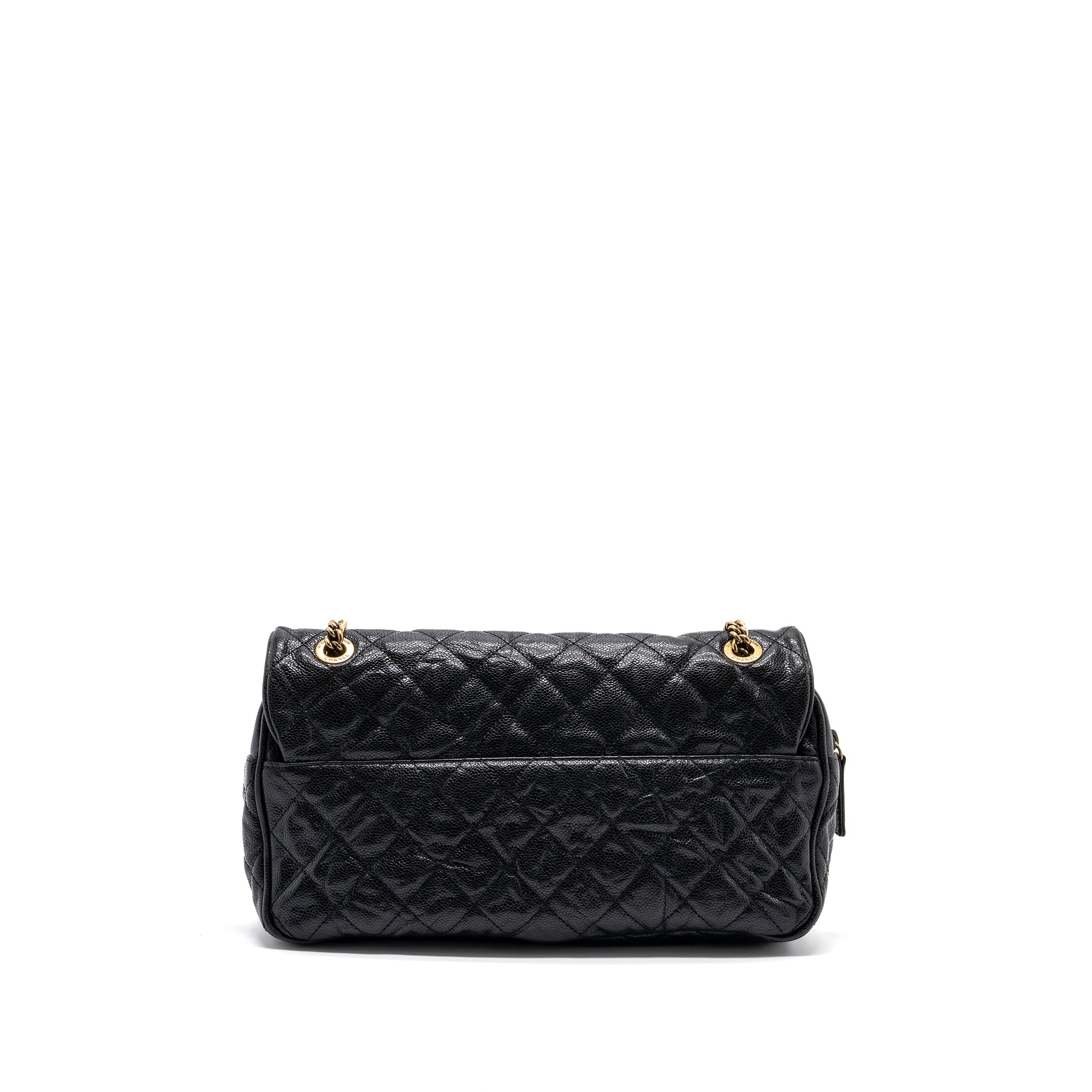 CHANEL LARGE FLAP BAG GRAINED CALFSKIN BLACK BRUSHED GHW