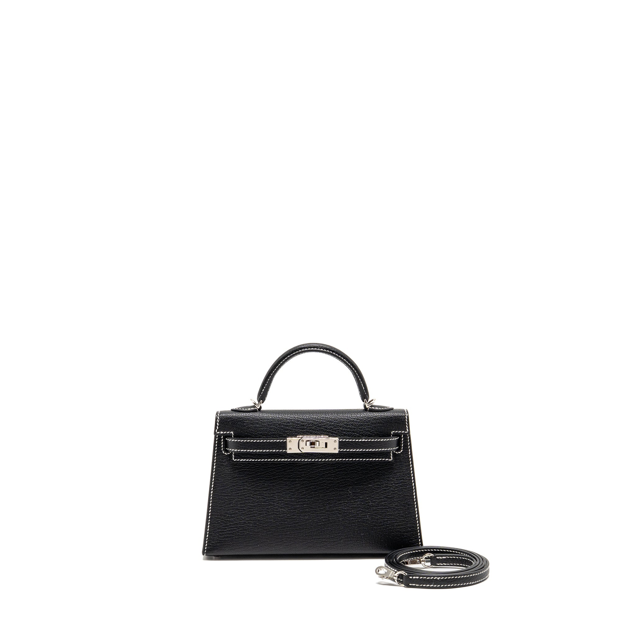 HERMES MINI KELLY II SPECIAL ORDER CHEVRE MYSORE BLACK / GRIS PERLE WHITE STITCHING SHW