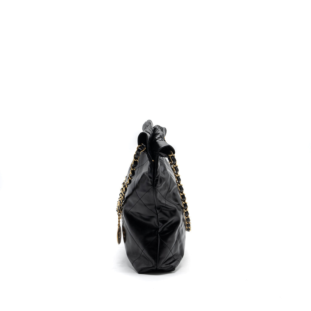 CHANEL SMALL 22 BAG GOLD LETTER SHINY  CALFSKIN BLACK BRUSHED GHW (MICROCHIP)