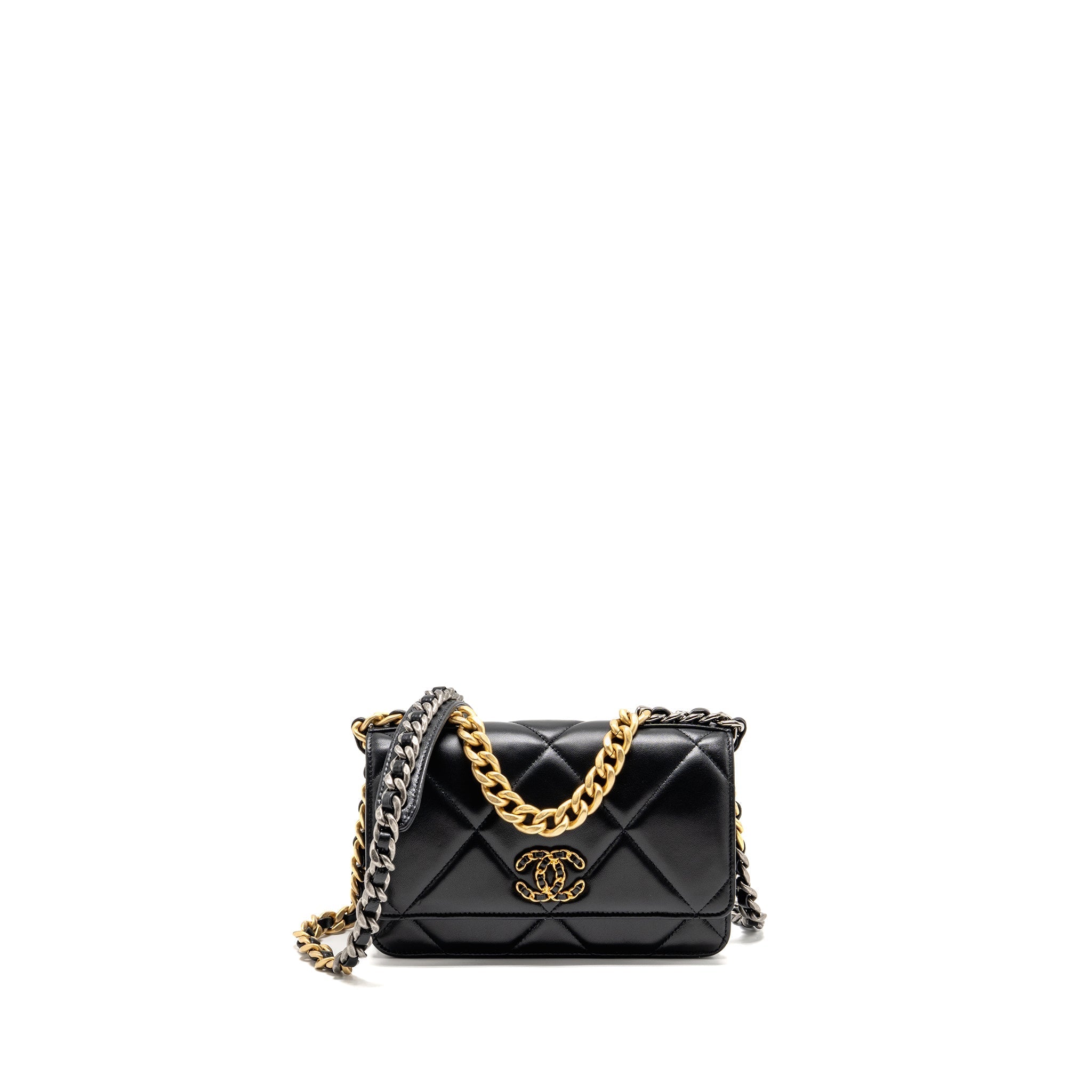 CHANEL 19 WALLET ON CHAIN LAMBSKIN BLACK MULTICOLOUR HARDWARE