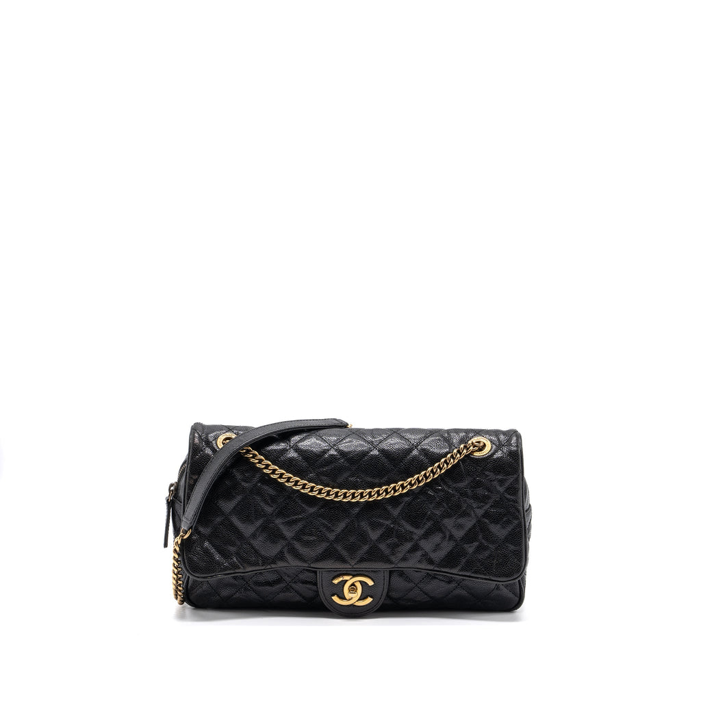 CHANEL LARGE FLAP BAG GRAINED CALFSKIN BLACK BRUSHED GHW