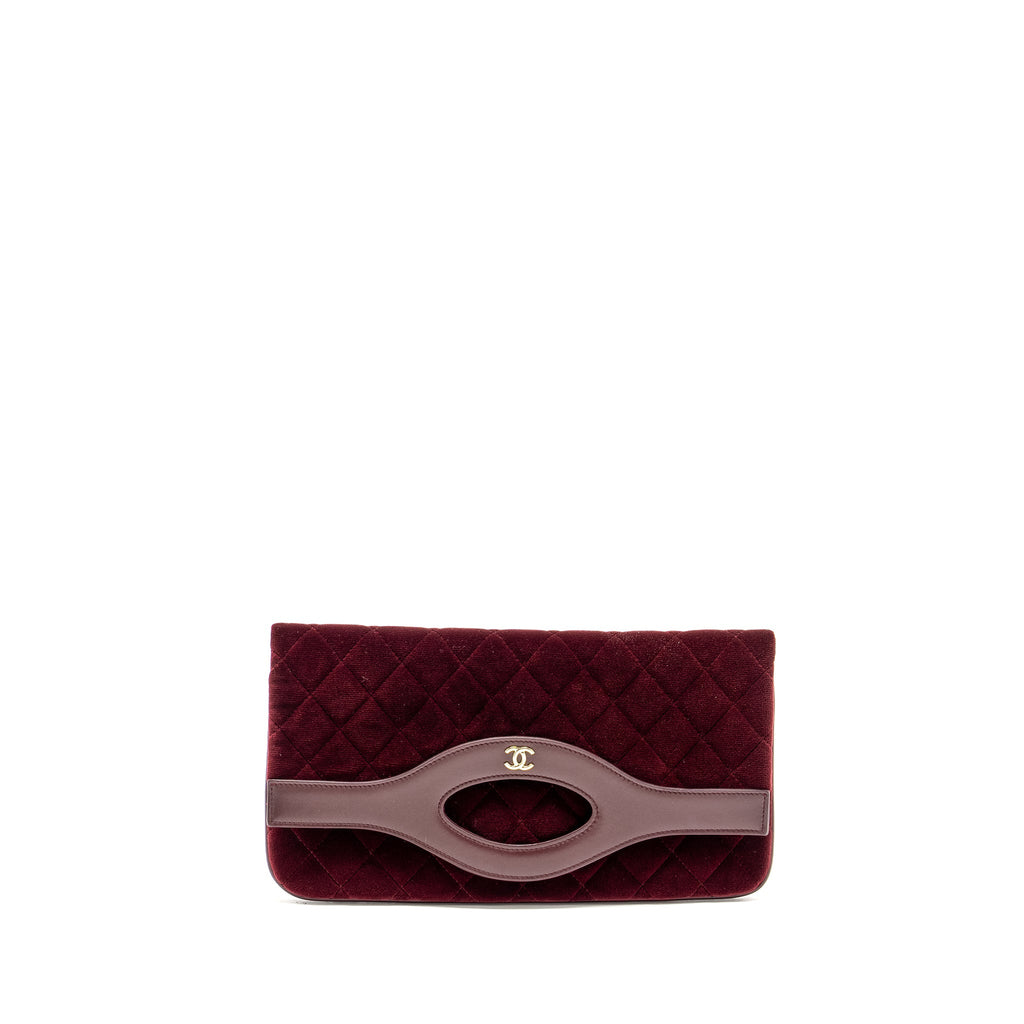 CHANEL FOLDING CLUTCH BAG VELVET/LAMBSKIN BURGUNDY LGHW