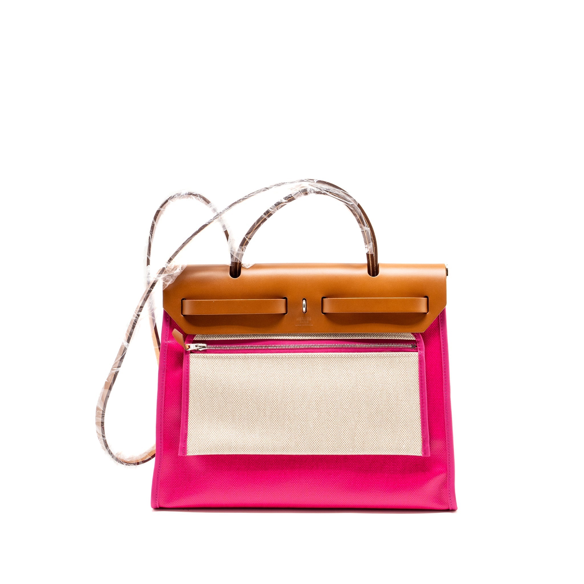 HERMES HERBAG 31 ZIP BAG TOILE H BERLINER CANVAS / HUNTER ROSE SHOCKING / BEIGE / FAUVE SHW