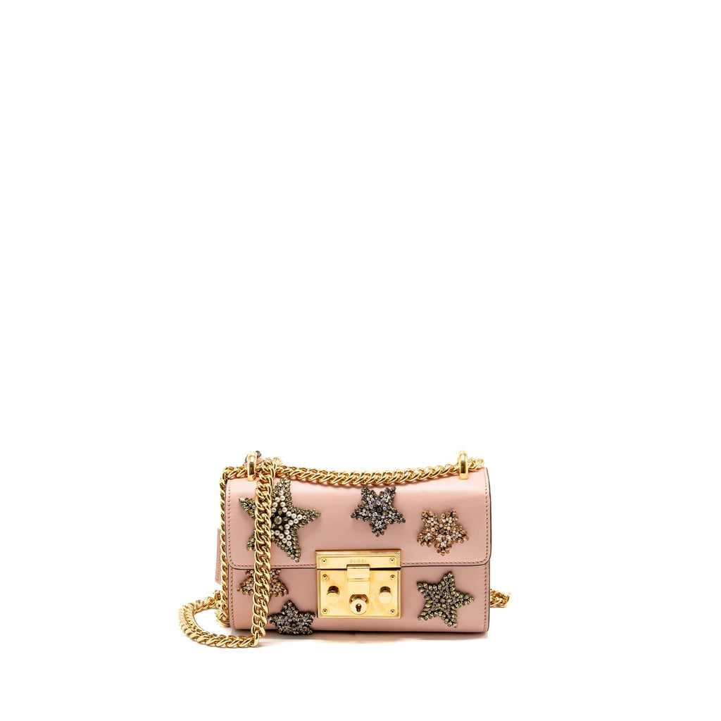 GUCCI PADLOCK CHAIN BAG CRYSTAL STARS CALFSKIN PINK GHW