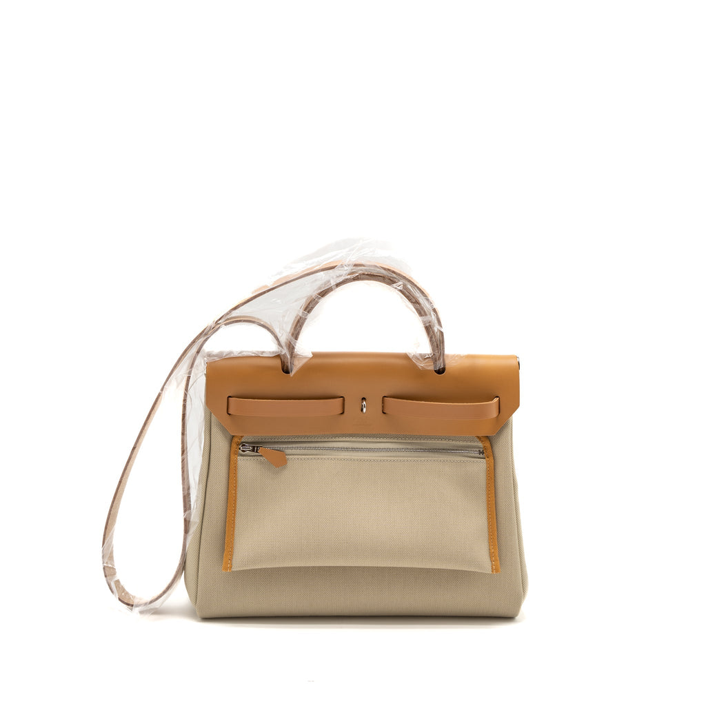 HERMES HERBAG 31 ZIP BAG CANVAS/VACHE HUNTER BETON/NATUREL SABLE SHW