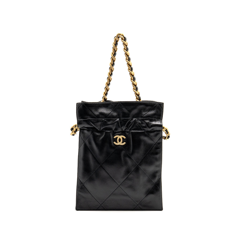 CHANEL SMALL DRAWSTRING TOTE BAG WITH CHAIN SHINY LAMBSKIN BLACK GHW
