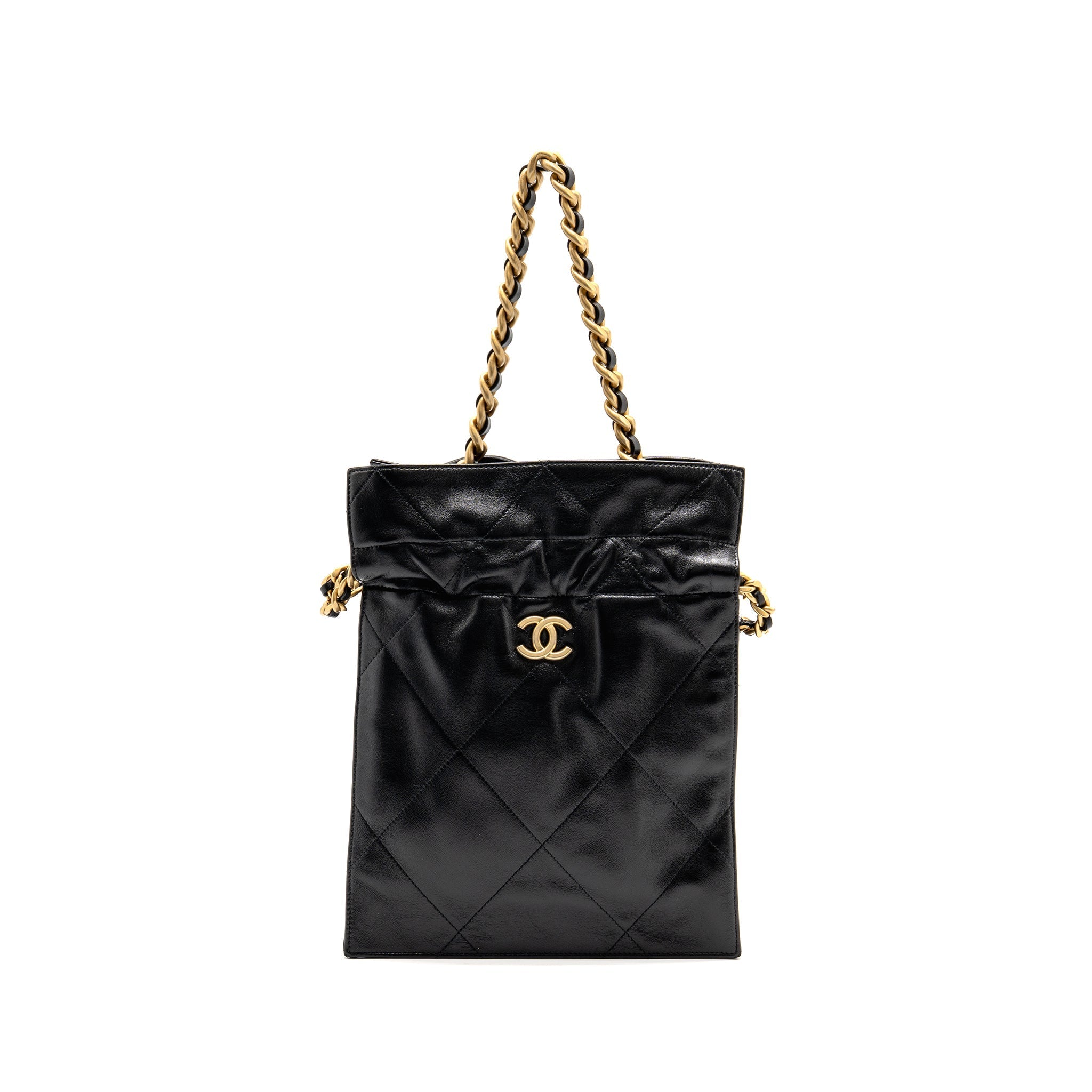 CHANEL SMALL DRAWSTRING TOTE BAG WITH CHAIN SHINY LAMBSKIN BLACK GHW