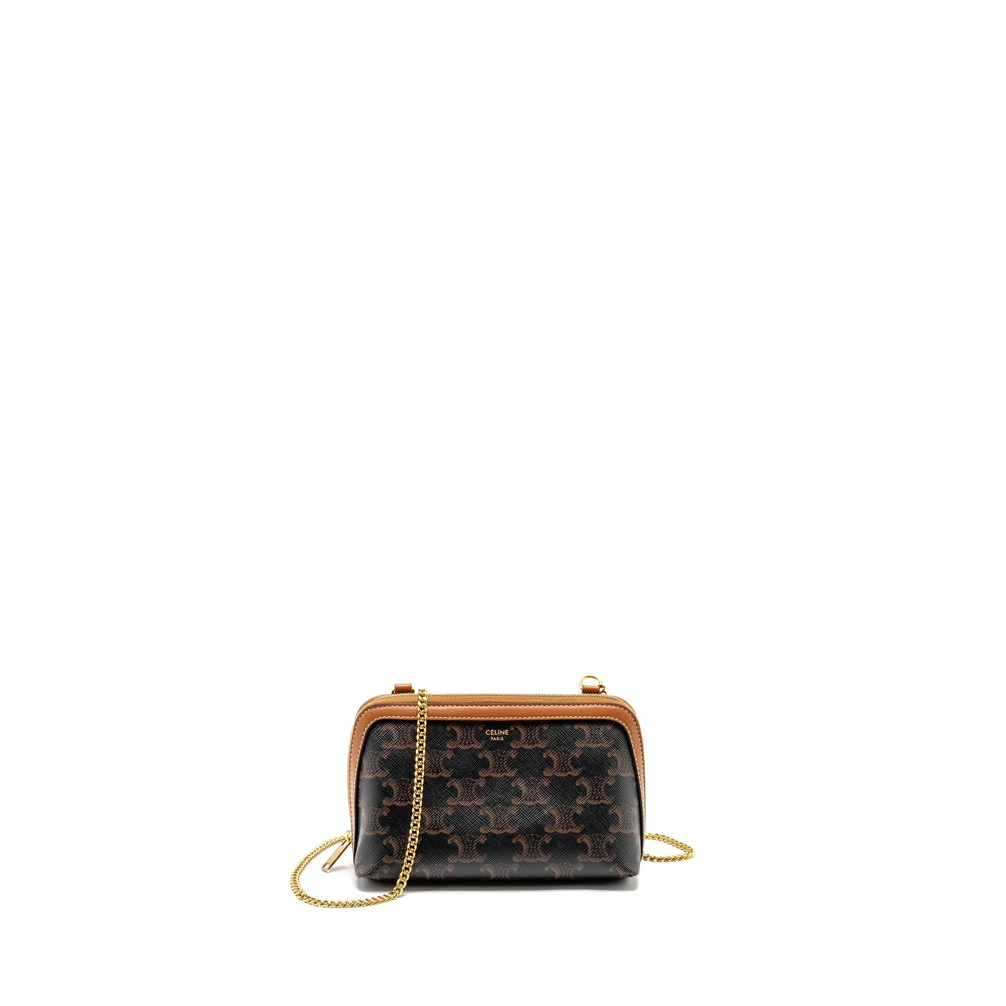 CELINE CLUTCH WITH CHAIN IN TRIOMPHE CANVAS / LAMBSKIN TAN GHW