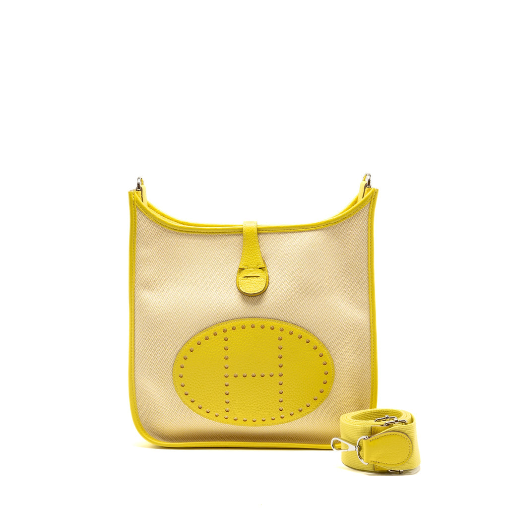 HERMES EVELYNE 29 BAG CANVAS/CLEMENCE ECRU-CITRON/LIME SHW