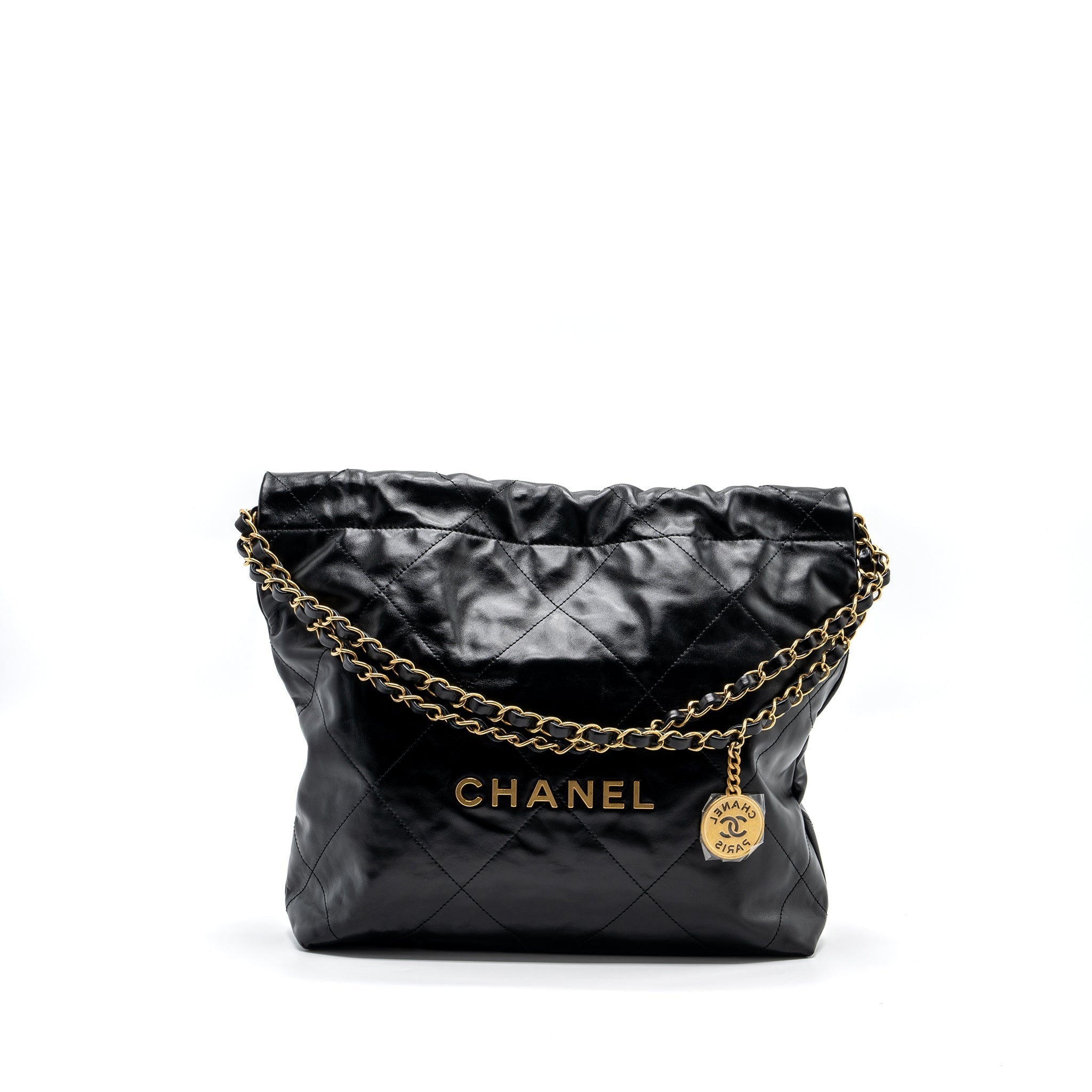 CHANEL SMALL 22 BAG GOLD LETTER SHINY  CALFSKIN BLACK BRUSHED GHW (MICROCHIP)