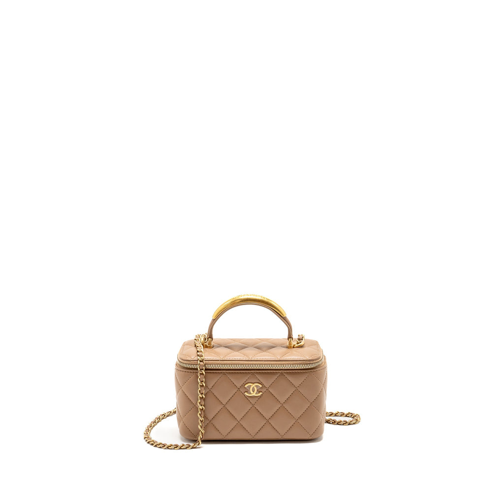 CHANEL TOP HANDLE LONG VANITY WITH CHAIN LAMBSKIN DARK BEIGE GHW (MICROCHIP)