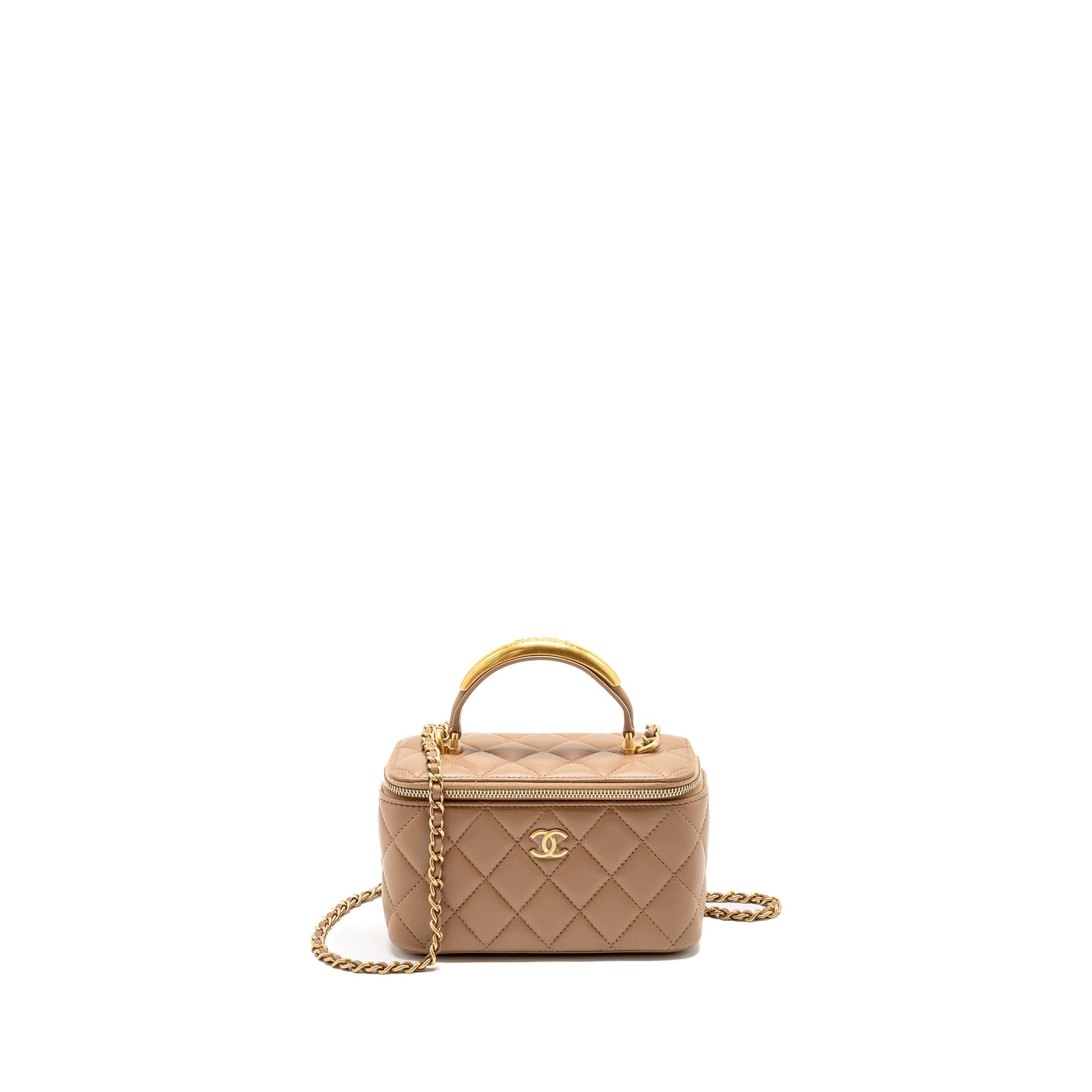 CHANEL TOP HANDLE LONG VANITY WITH CHAIN LAMBSKIN DARK BEIGE GHW (MICROCHIP)