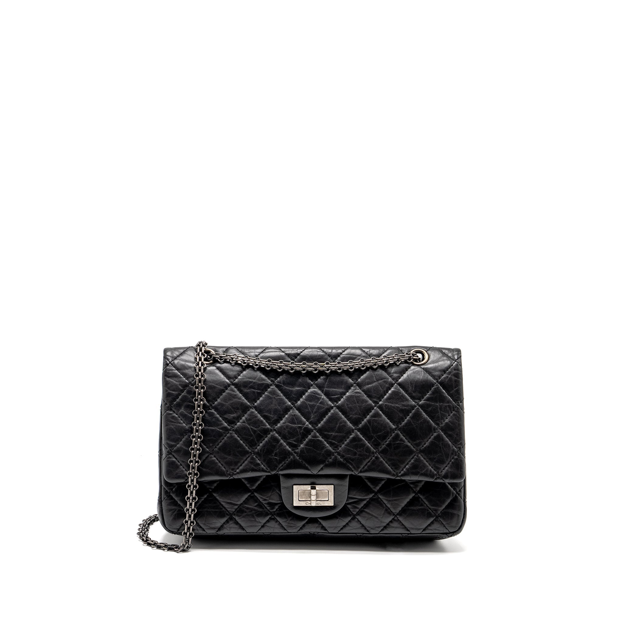 CHANEL 2.55 227 REISSUE FLAP BAG AGED CALFSKIN BLACK RUTHENIUM HARDWARE