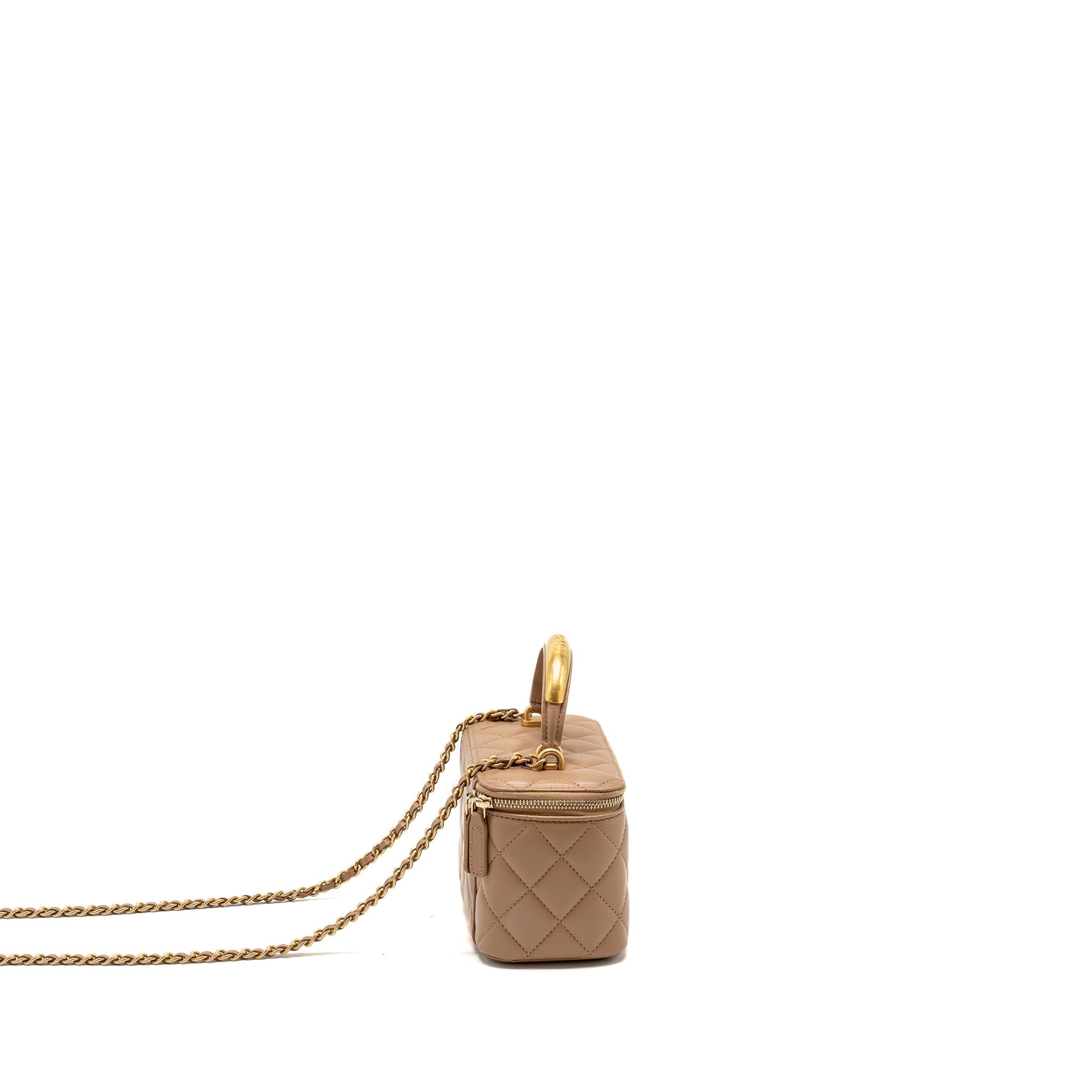 CHANEL TOP HANDLE LONG VANITY WITH CHAIN LAMBSKIN DARK BEIGE GHW (MICROCHIP)