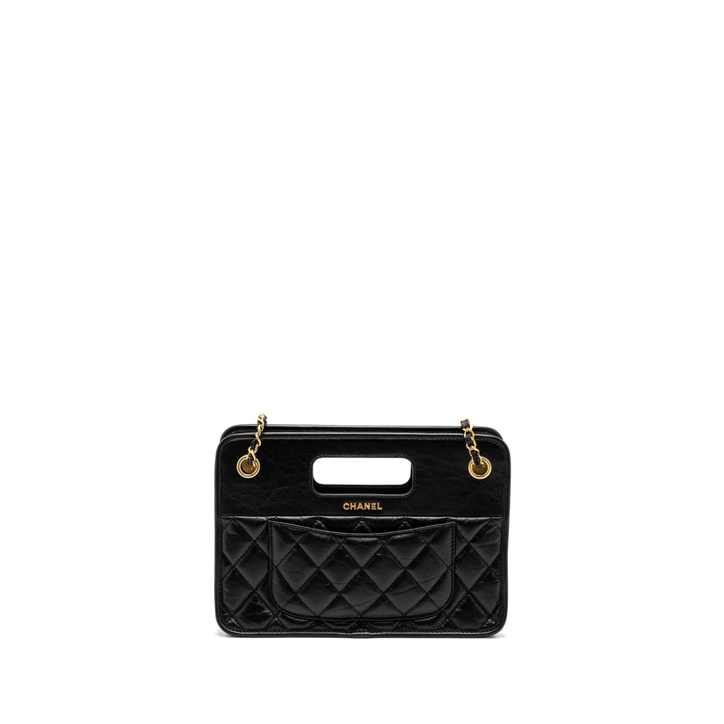CHANEL 23S CLUTCH BAG WITH CHAIN CALFSKIN BLACK BRUSHED GHW (MICROCHIP)