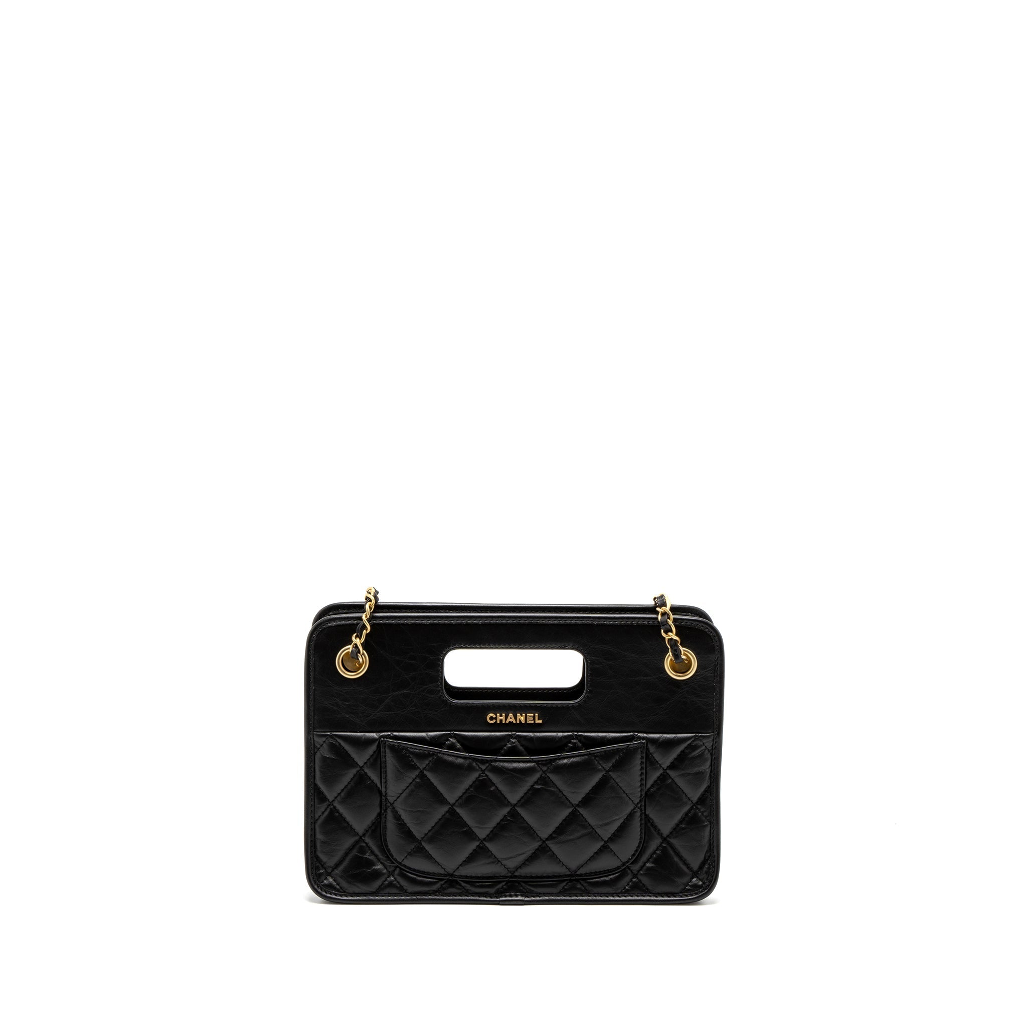 CHANEL 23S CLUTCH BAG WITH CHAIN CALFSKIN BLACK BRUSHED GHW (MICROCHIP)