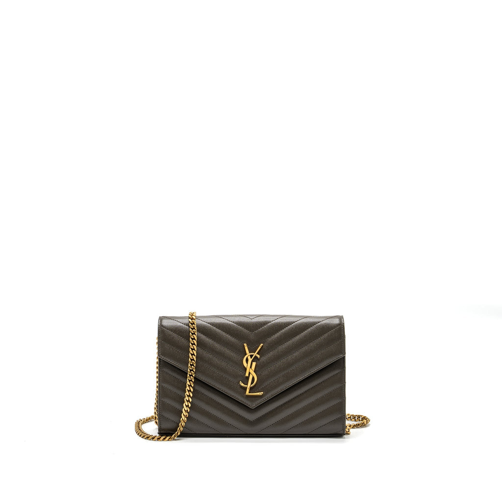 SAINT LAURENT/YSL ENVELOP CHAIN BAG GRAINED CALFSKIN DARK GREEN GHW