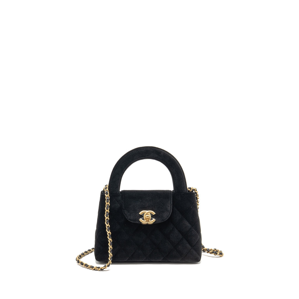 CHANEL MINI KELLY SHOPPING TOTE BAG VELVET BLACK GHW (MICROCHIP)