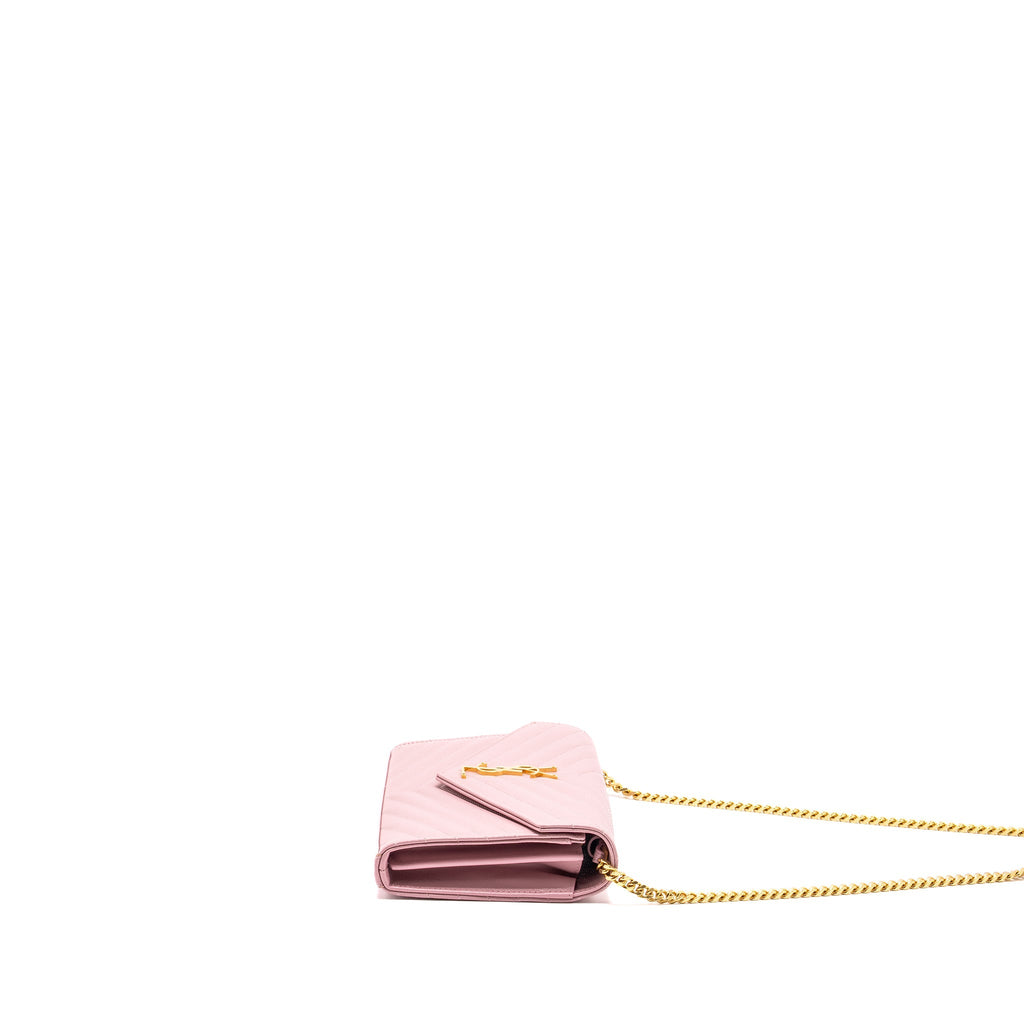 SAINT LAURENT / YSL CASSANDRE MATELASSE WALLET ON CHAIN GRAINED CALFSKIN PINK GHW