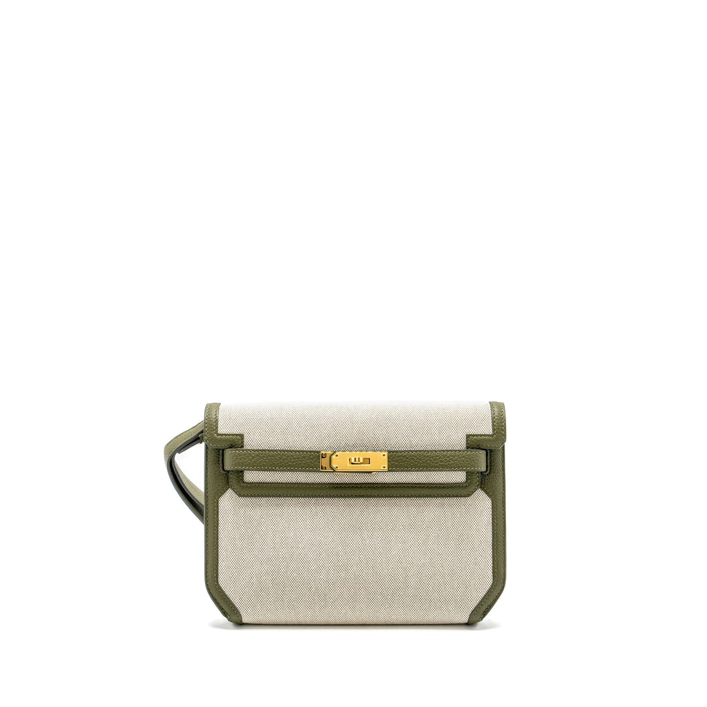 HERMES POCHETTE KELLY DEPECHES 25 CANVAS / TOGO ECRU BEIGE / VERT OLIVE GHW