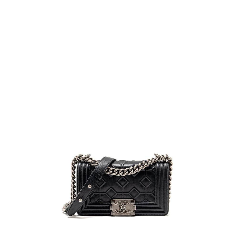 CHANEL SMALL BOY BAG ARABESQUE CALFSKIN BLACK RUTHENIUM SHW