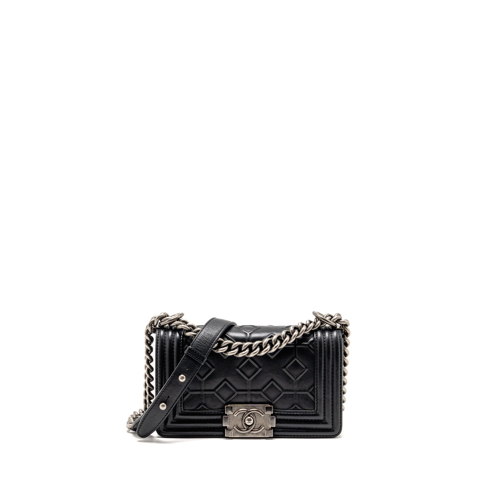 CHANEL SMALL BOY BAG ARABESQUE CALFSKIN BLACK RUTHENIUM SHW