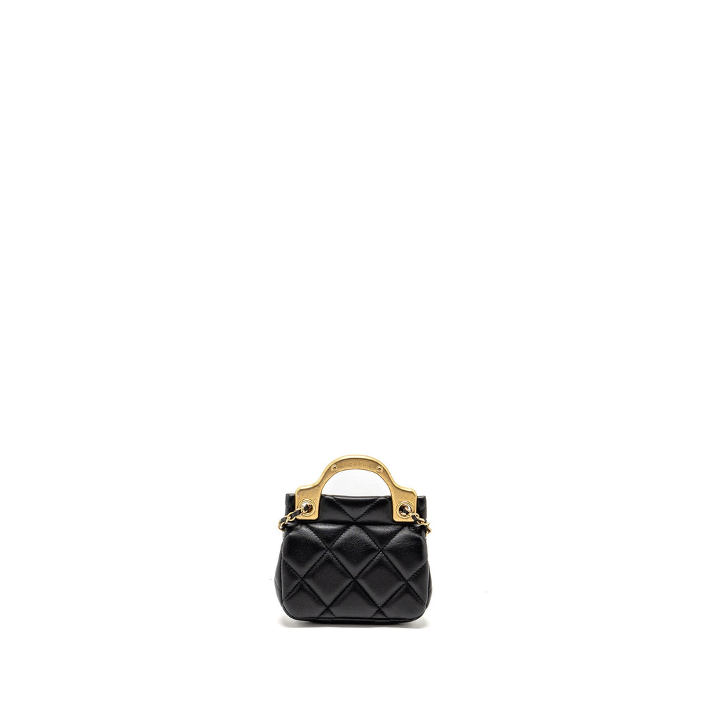CHANEL 21A TOP HANDLE MINI FLAP CARD HOLDER WITH CHAIN LAMBSKIN BLACK GHW