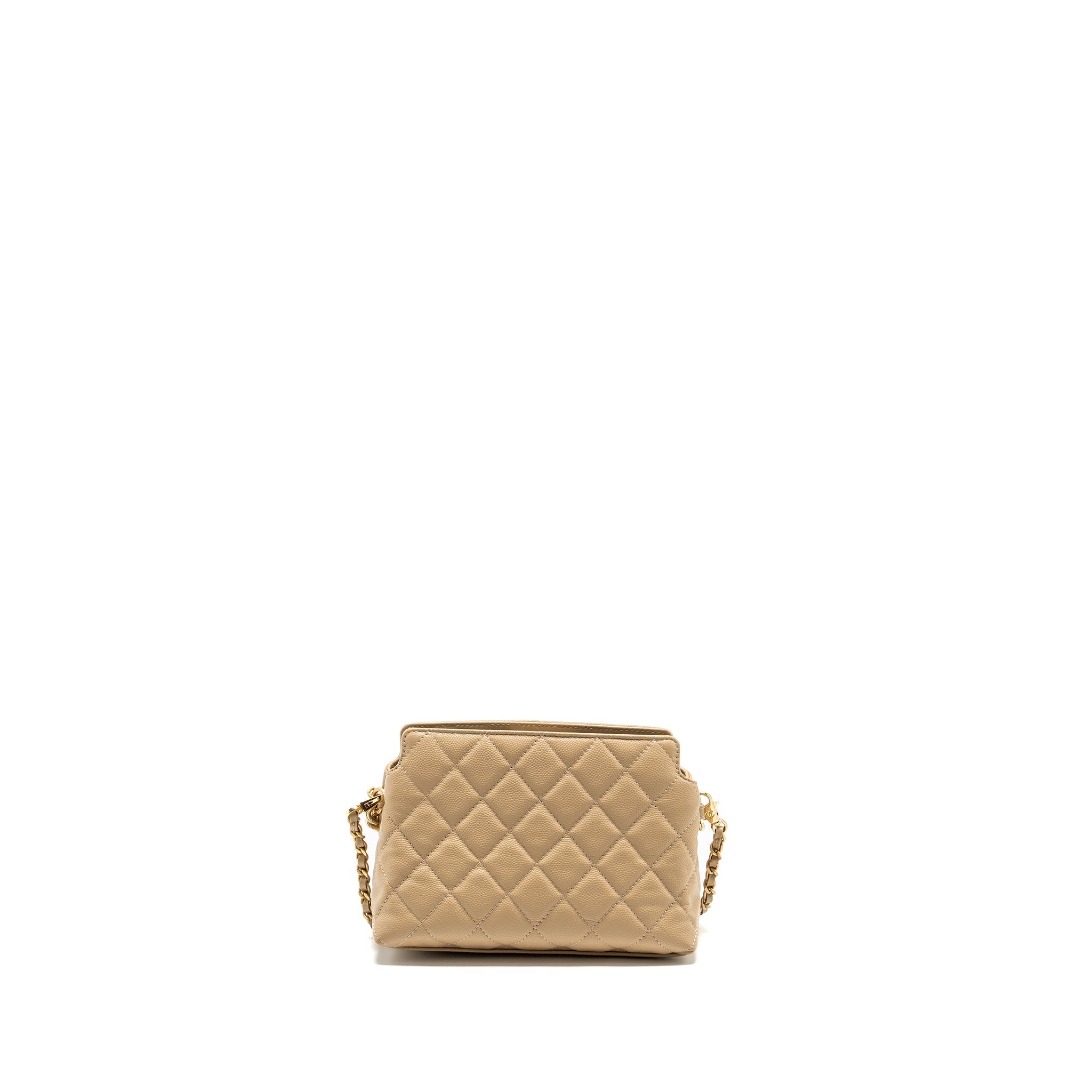 CHANEL CC LOGO QUILTED MINI CLUTCH WITH CHAIN CAVIAR BEIGE GHW (MICROCHIP)