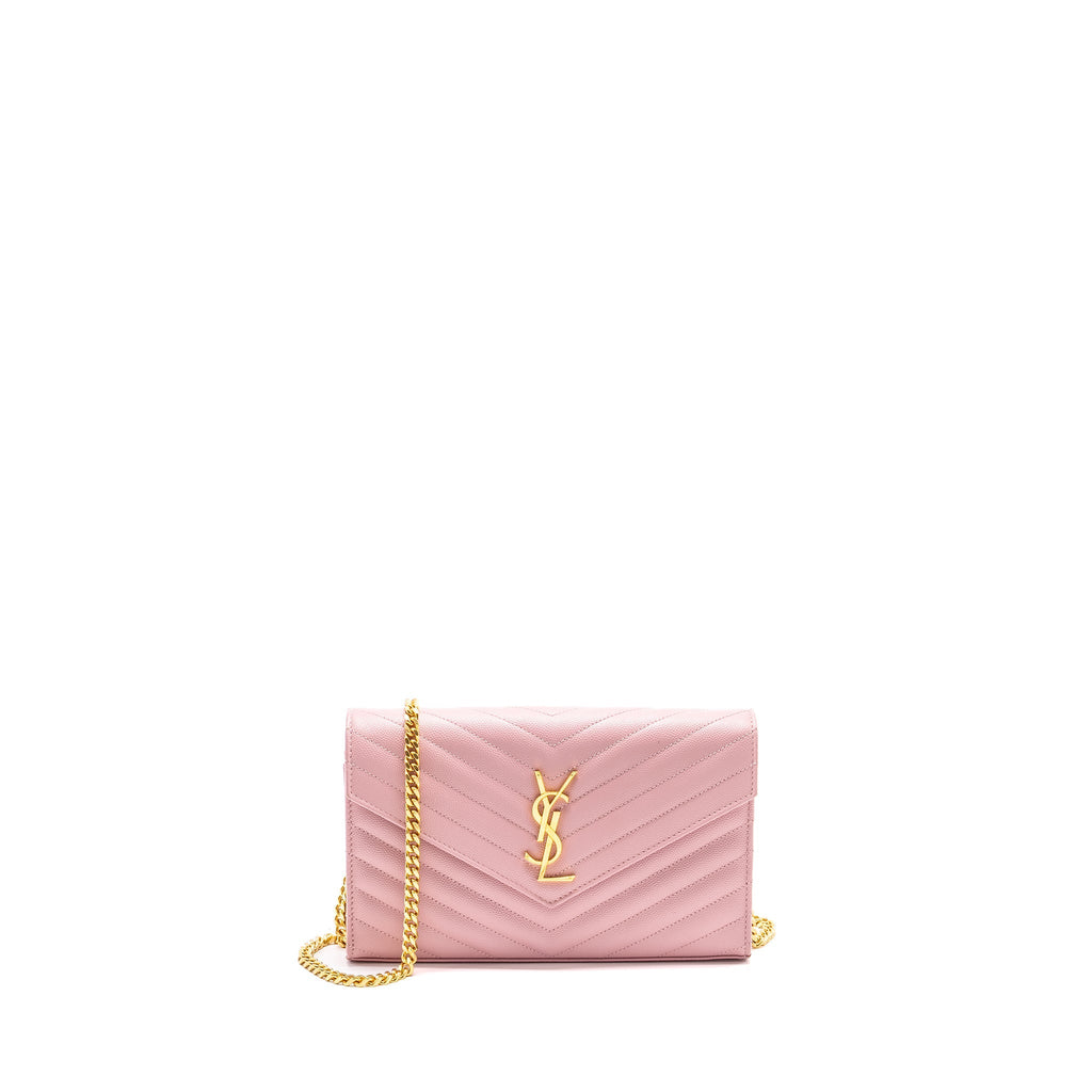 SAINT LAURENT / YSL CASSANDRE MATELASSE WALLET ON CHAIN GRAINED CALFSKIN PINK GHW