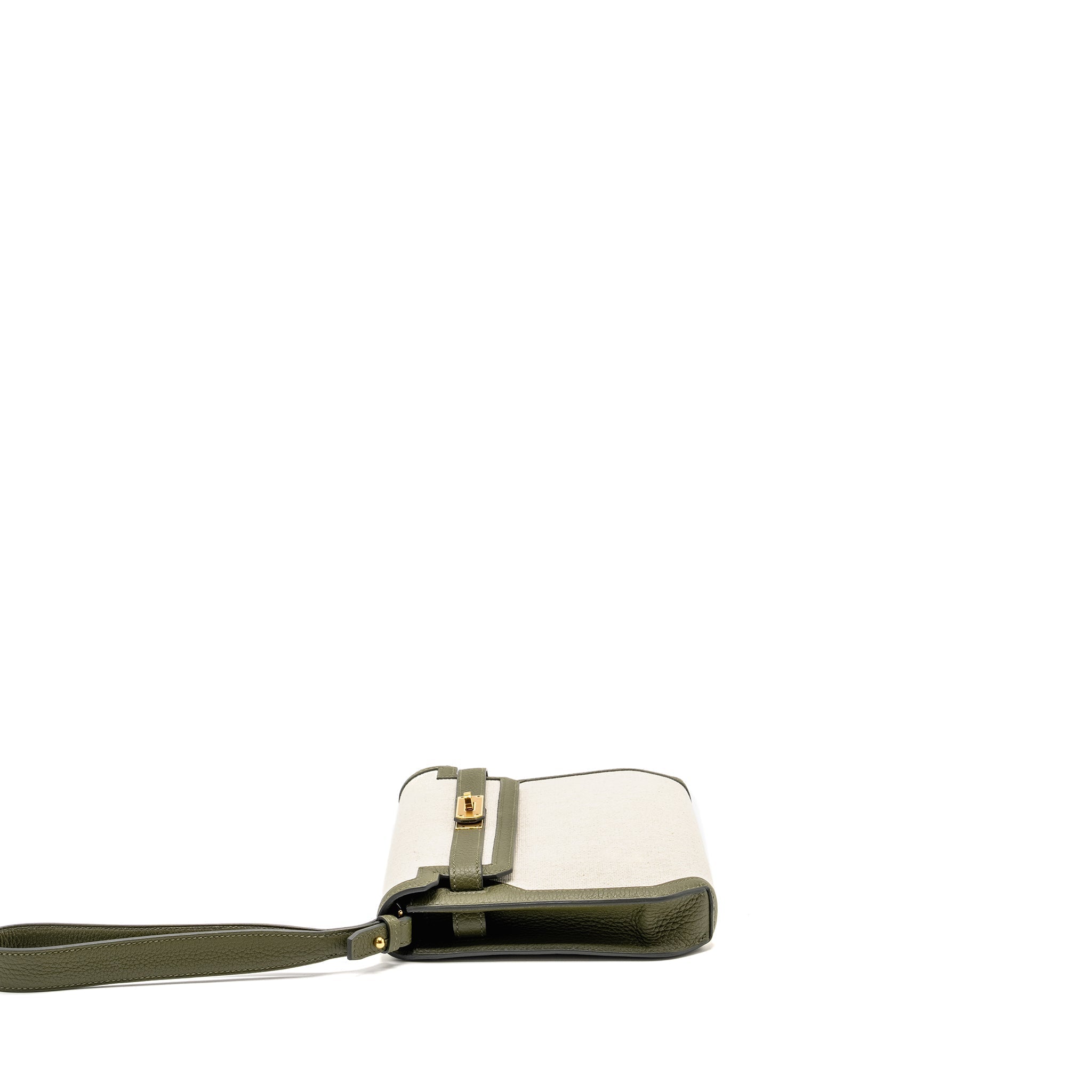 HERMES POCHETTE KELLY DEPECHES 25 CANVAS / TOGO ECRU BEIGE / VERT OLIVE GHW